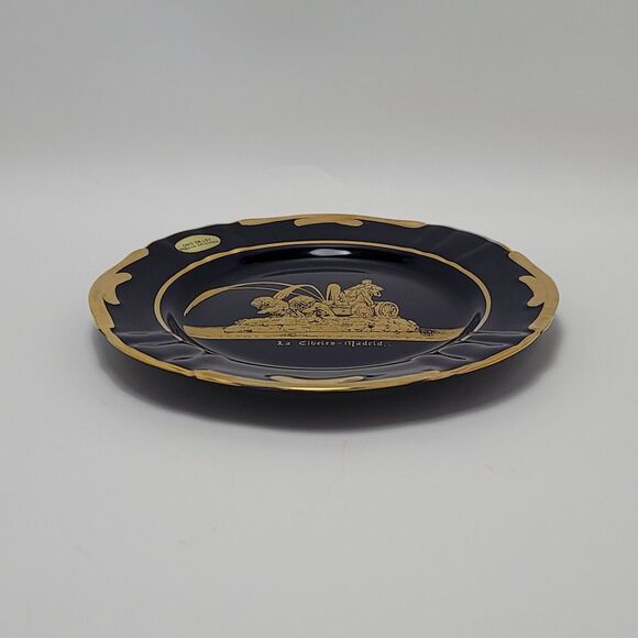Oro De Ley Cobalt Blue 18k Gold Ceramic Plate La Cibeles Madrid 8 Inches - Picture 10 of 11